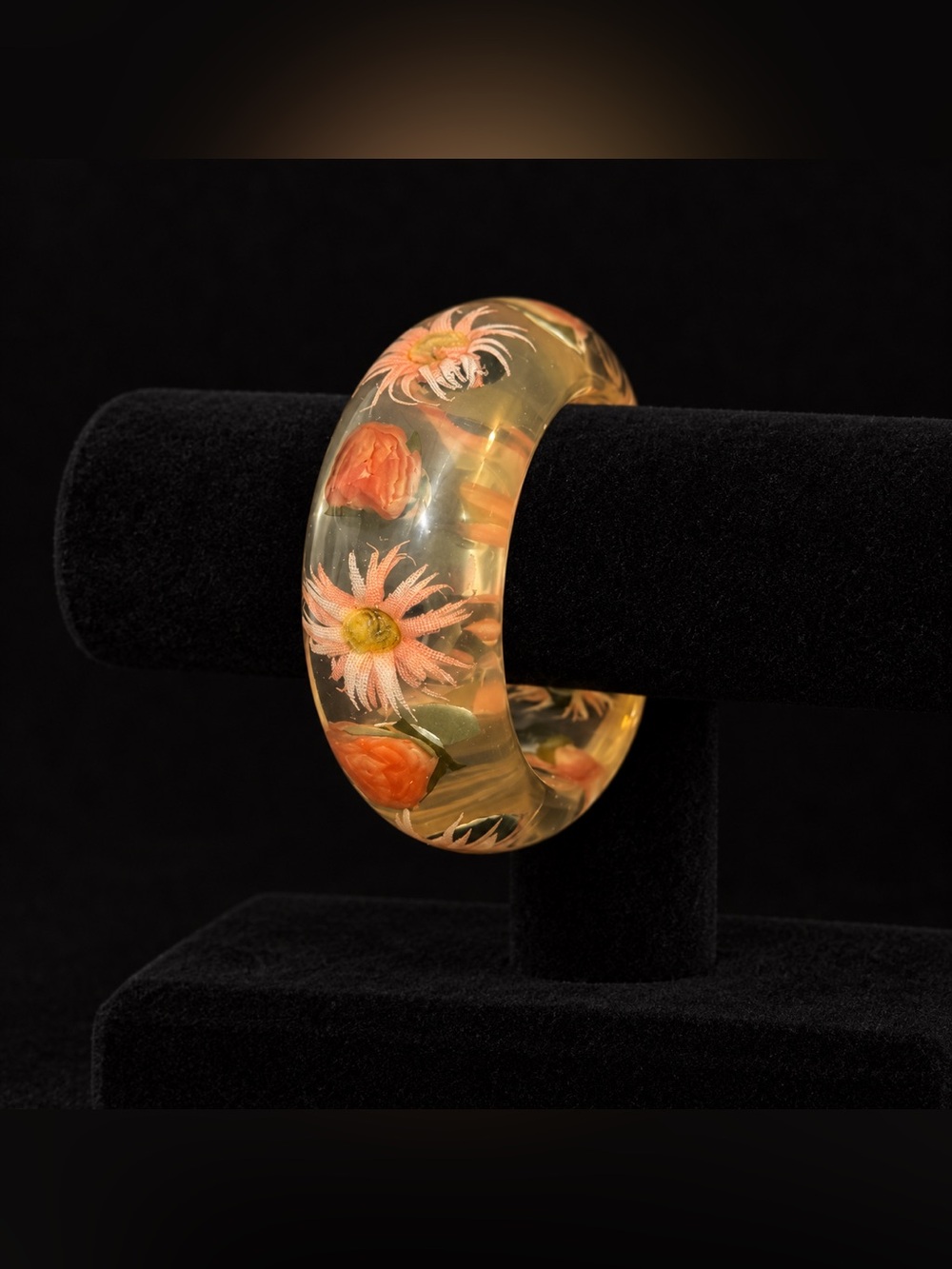 Clear Amber Floral Wide Acrylic Bangle Bracelet
